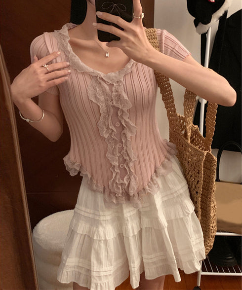 レースフリルニットトップスショート丈夏服 サマーニットレディース ラッフルレースニットソー 甘めコーデ お洒落 コンパクト タイトニット 半袖ニットTシャツ韓国風 6SENZHU-001